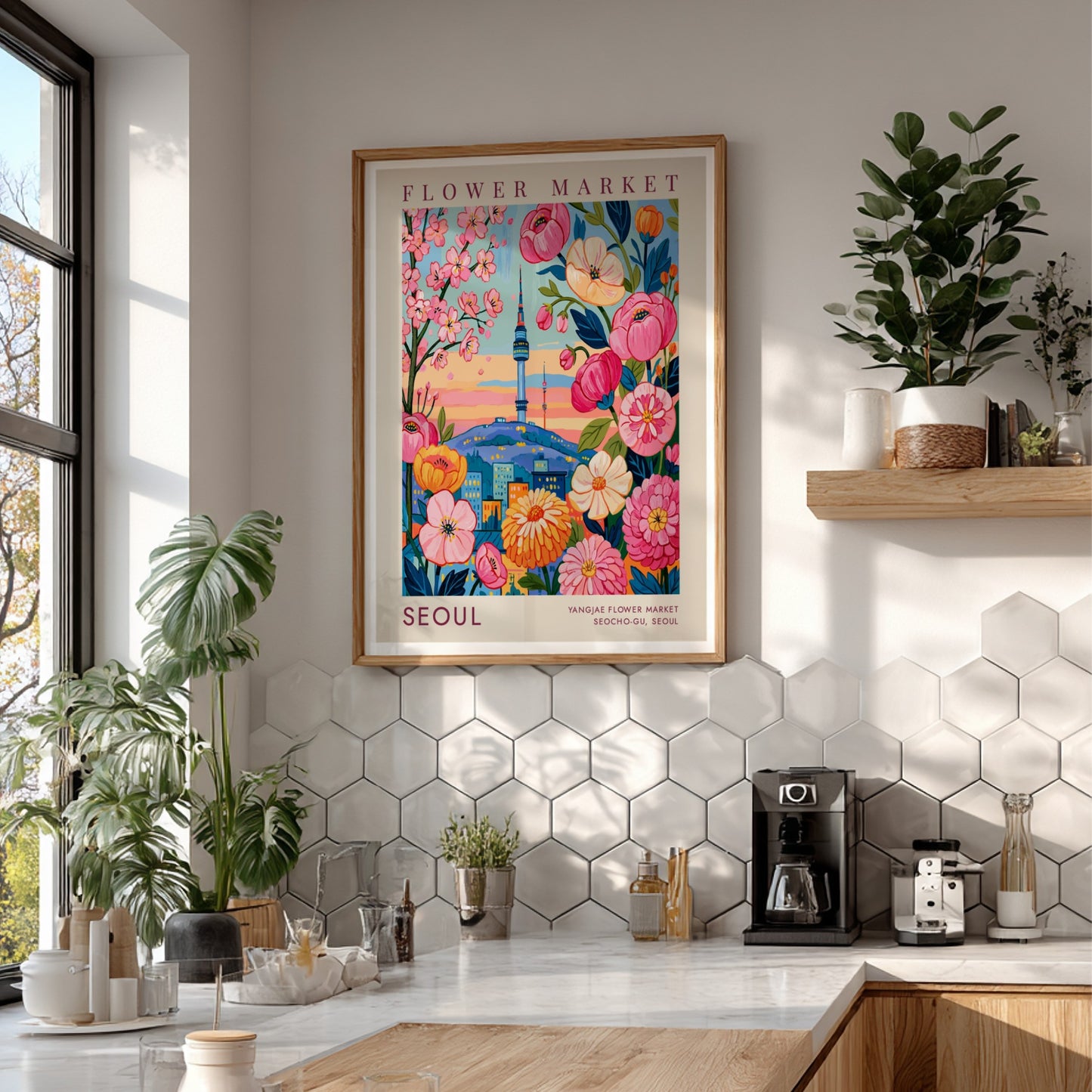 Flower market poster showcasing colorful blooms and Seoul city skyline