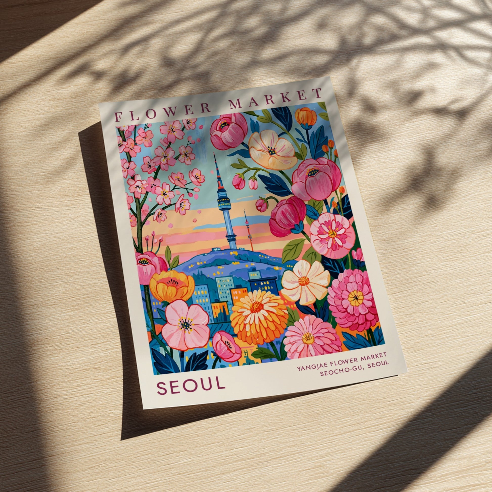 Flower market poster showcasing colorful blooms and Seoul city skyline
