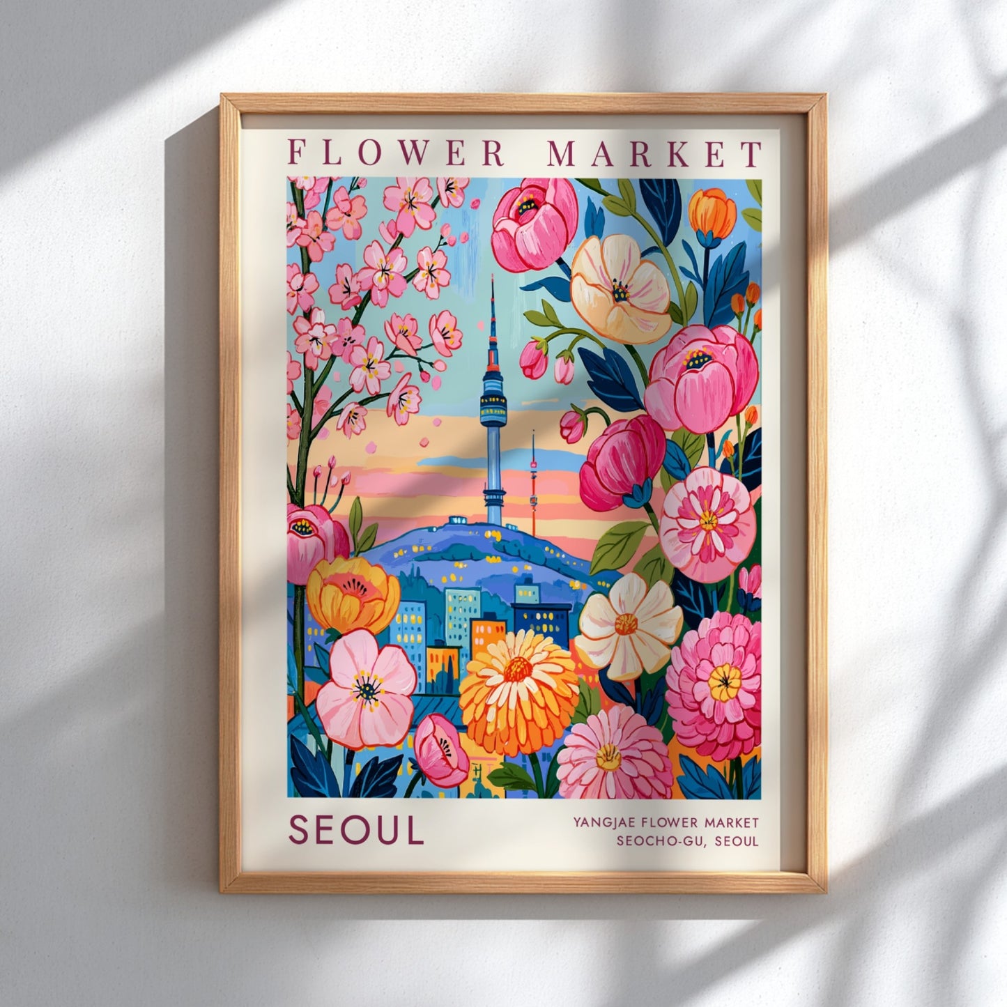 Flower market poster showcasing colorful blooms and Seoul city skyline