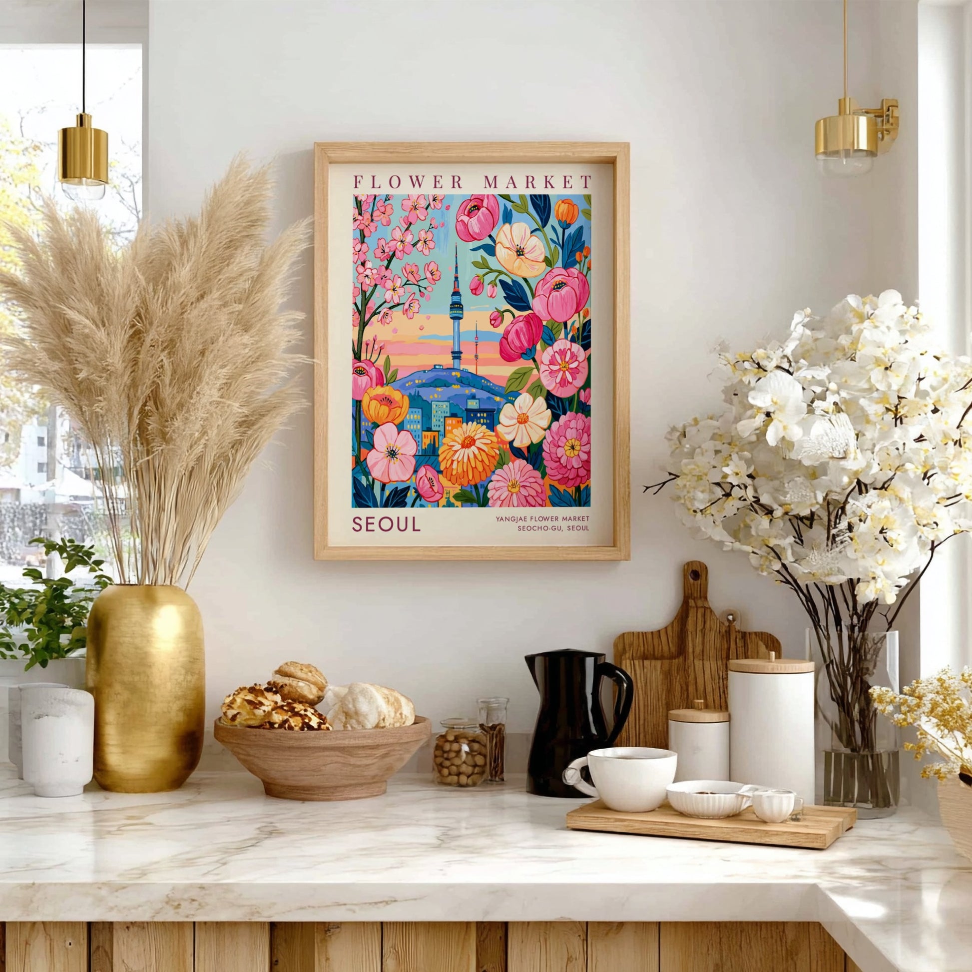 Flower market poster showcasing colorful blooms and Seoul city skyline