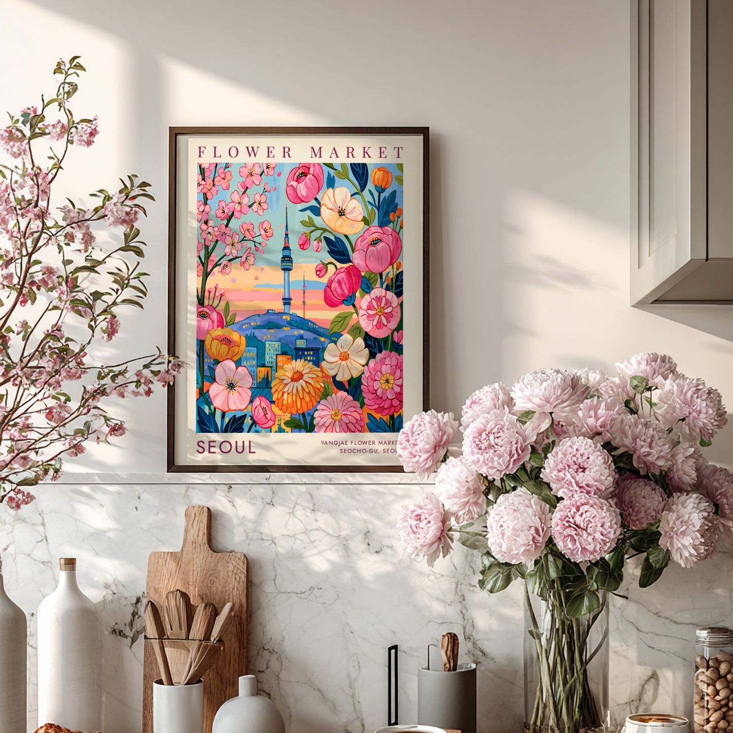 Flower market poster showcasing colorful blooms and Seoul city skyline