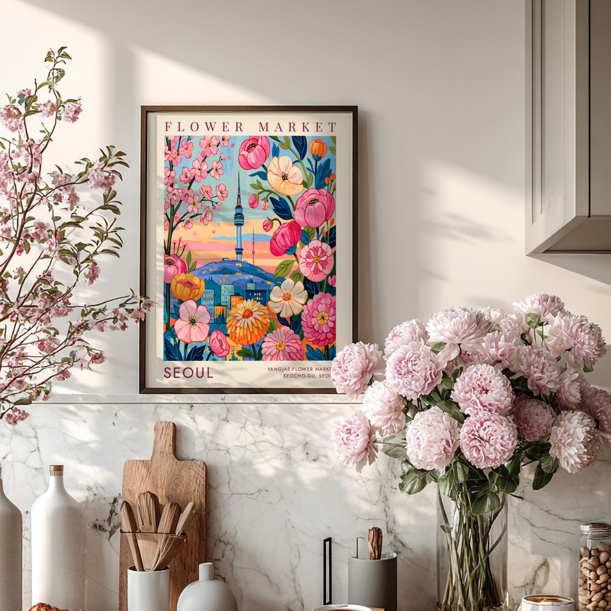 Flower market poster showcasing colorful blooms and Seoul city skyline