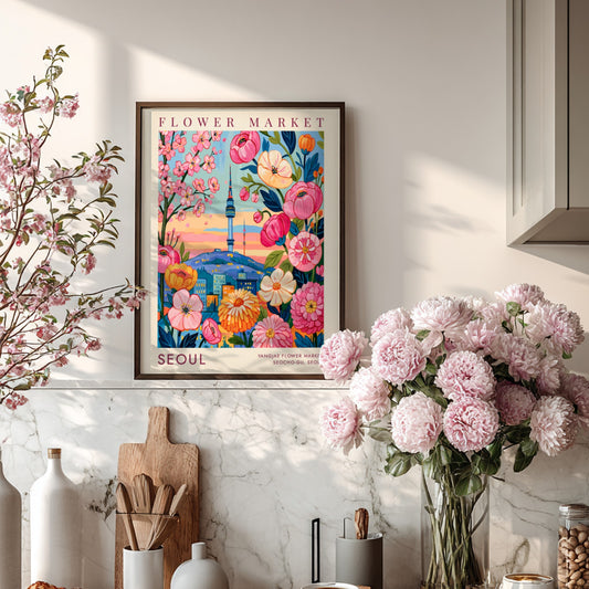 Flower market poster showcasing colorful blooms and Seoul city skyline