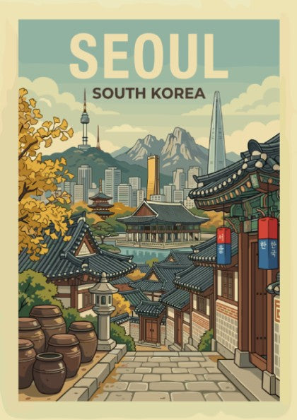 Seoul South Korea travel poster featuring traditional architecture and city skyline in warm tones.