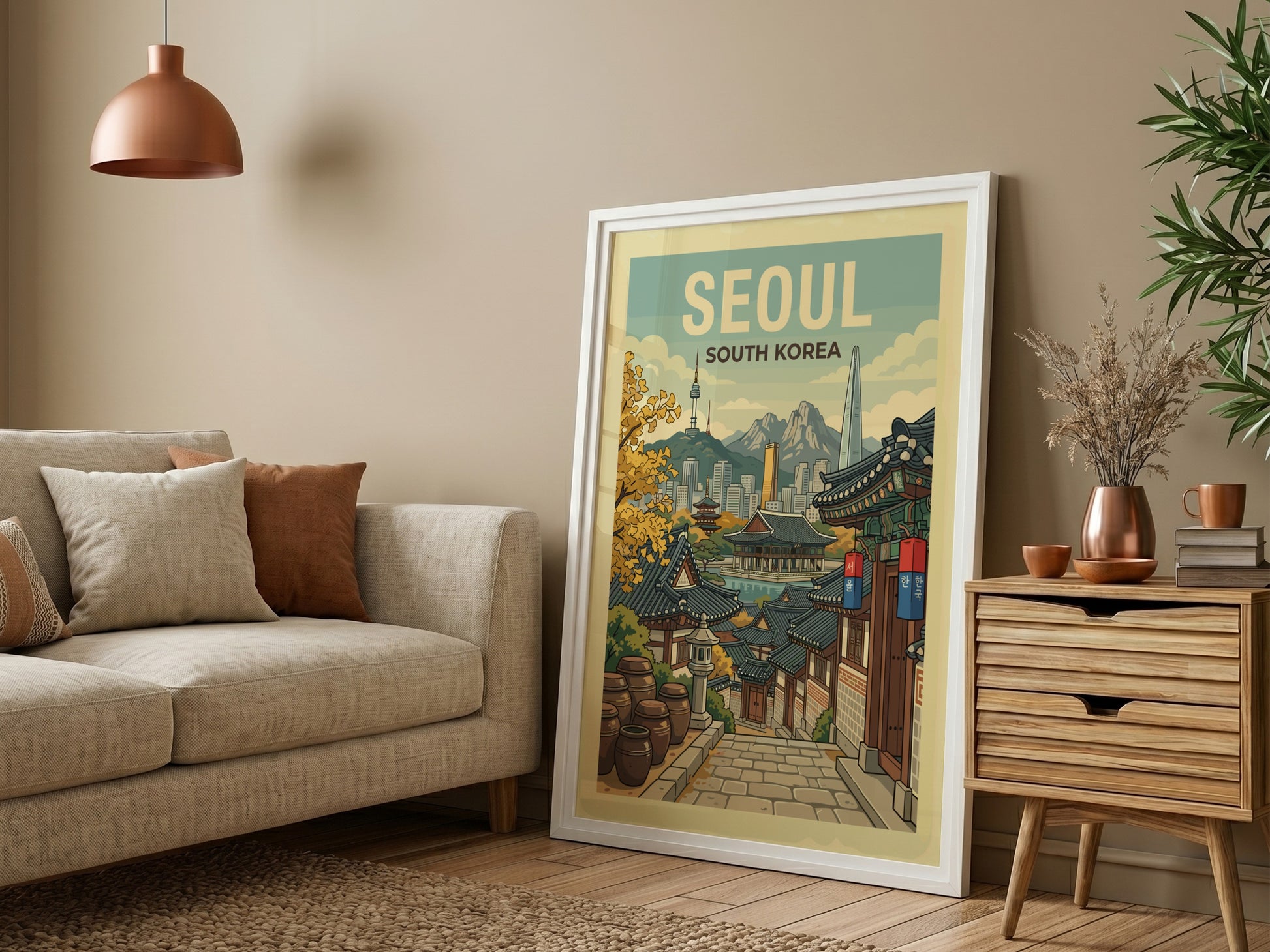 Seoul South Korea travel poster featuring traditional architecture and city skyline in warm tones.