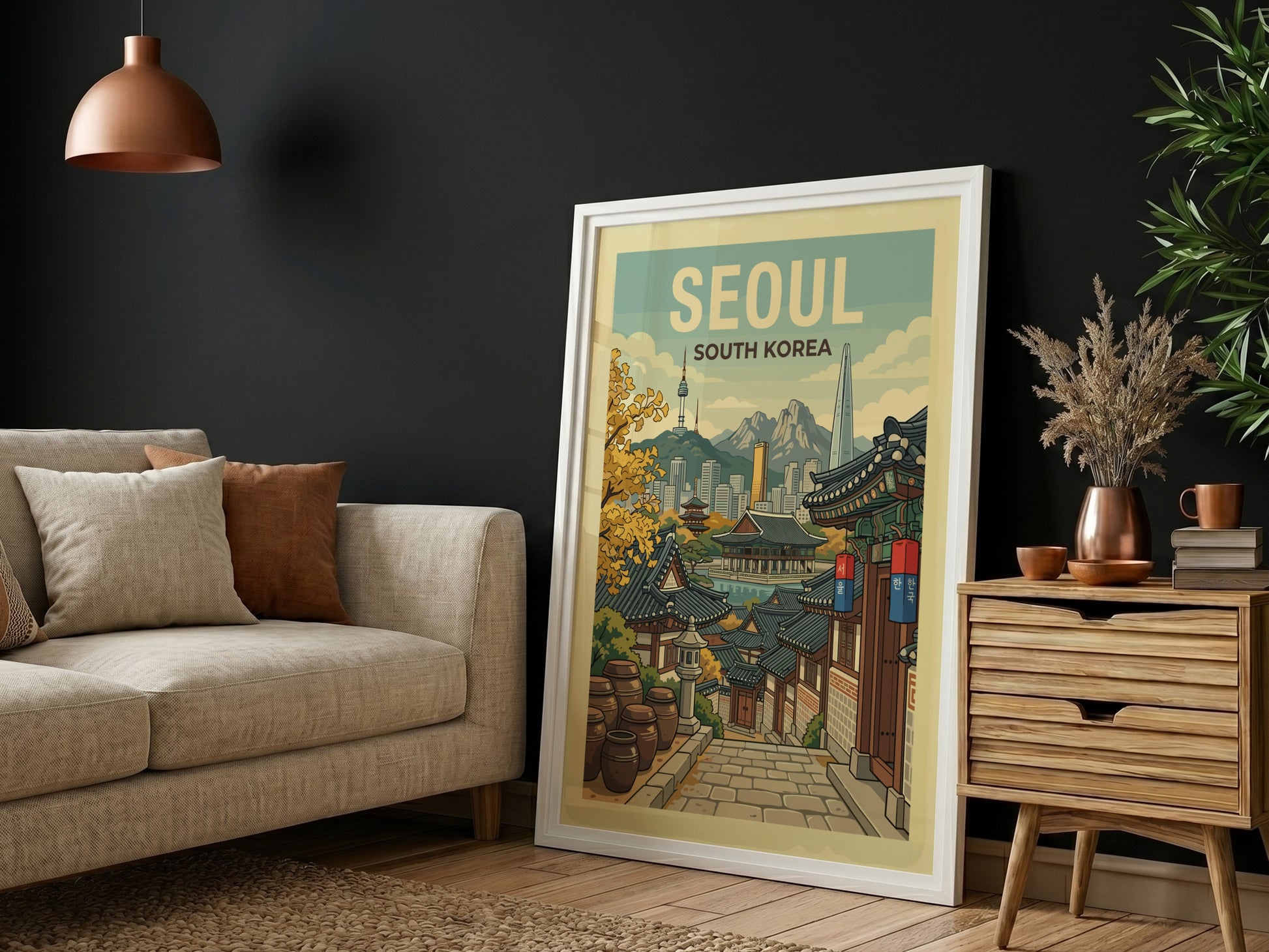Seoul South Korea travel poster featuring traditional architecture and city skyline in warm tones.