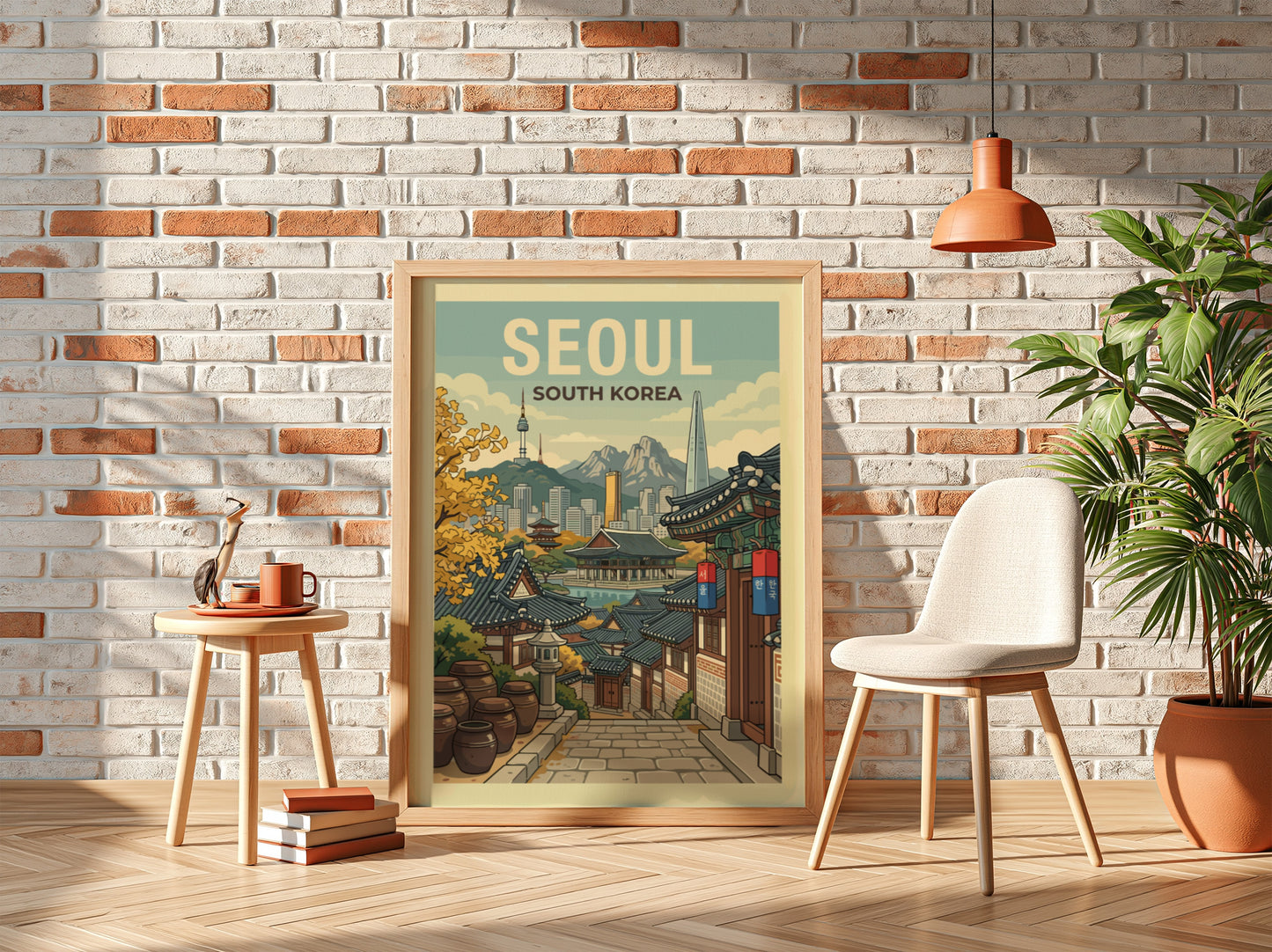 Seoul South Korea travel poster featuring traditional architecture and city skyline in warm tones.