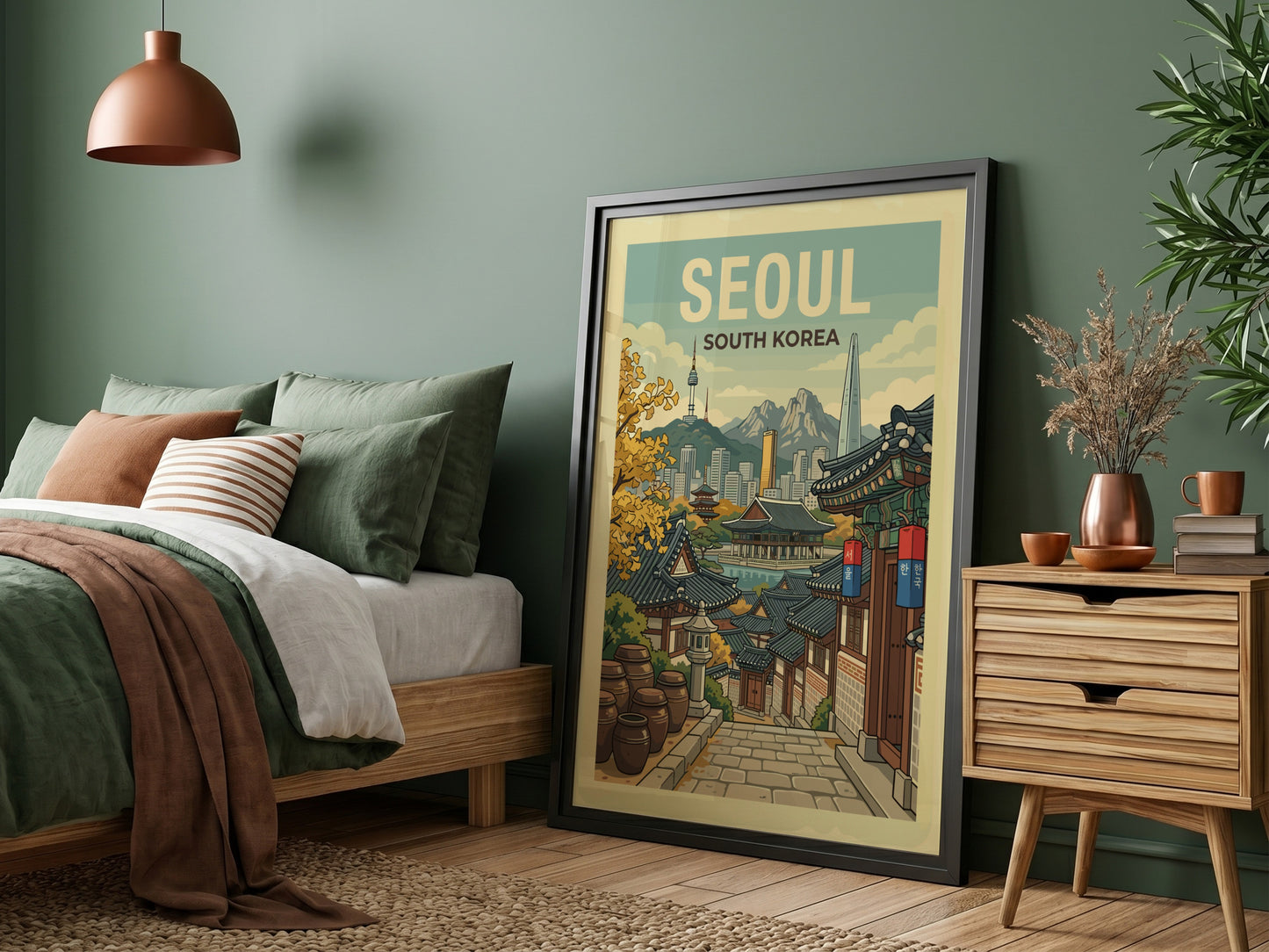 Seoul South Korea travel poster featuring traditional architecture and city skyline in warm tones.