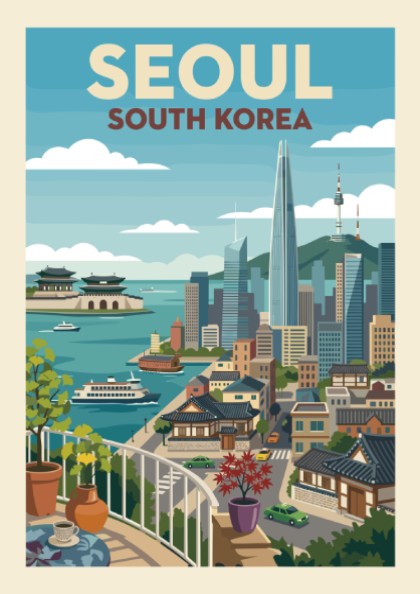 Retro travel poster of Seoul, South Korea, showcasing city skyline and traditional buildings.