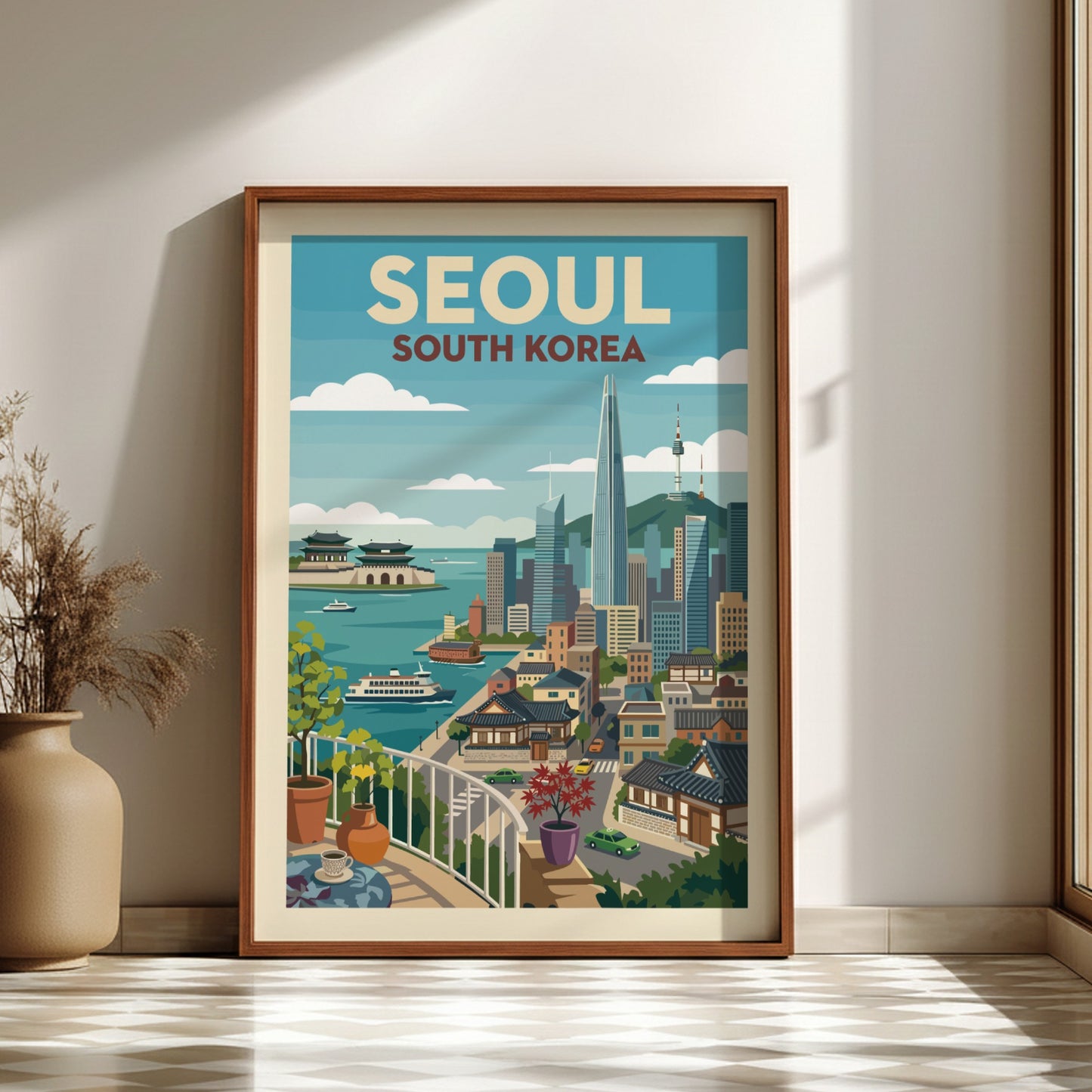 Retro travel poster of Seoul, South Korea, showcasing city skyline and traditional buildings.