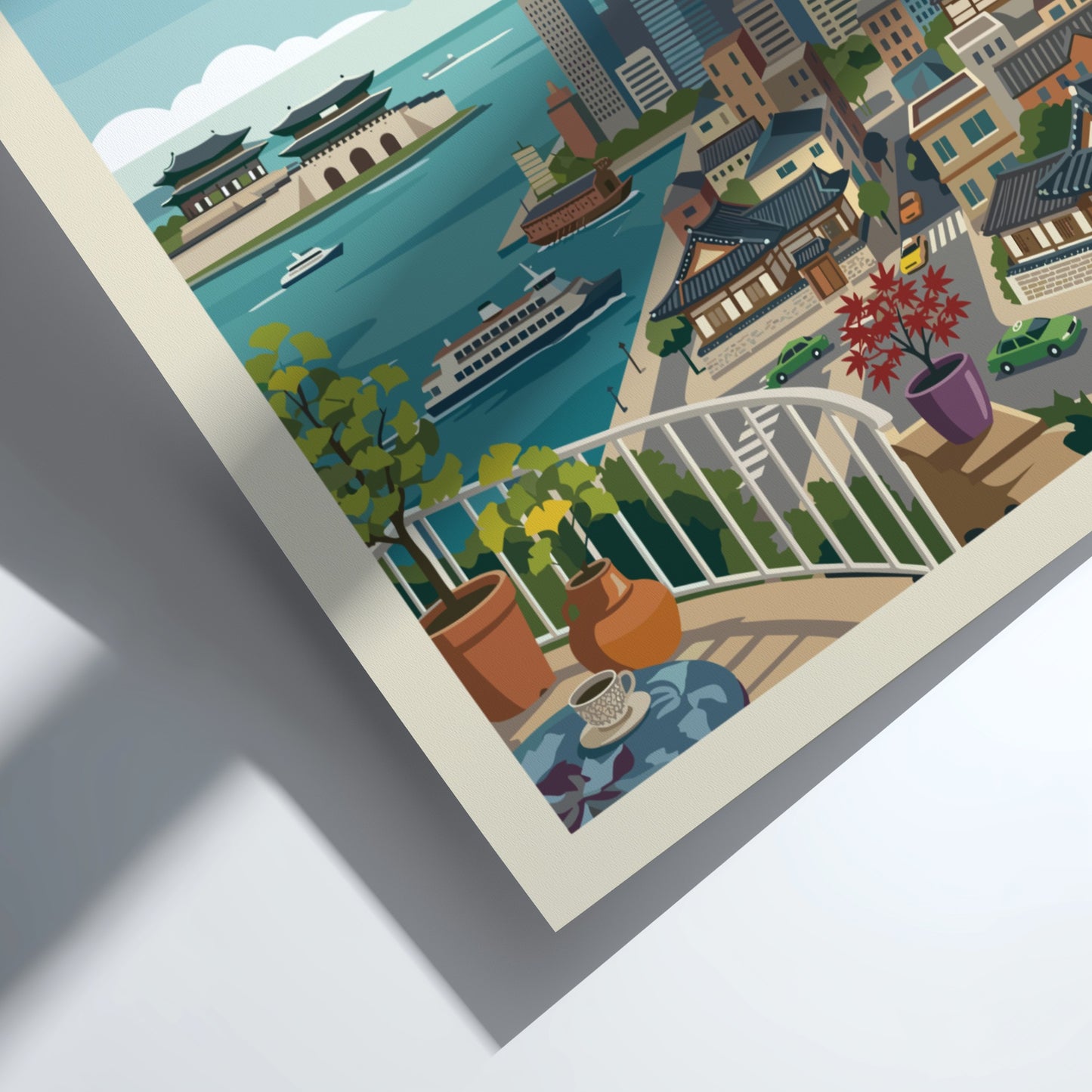 Retro travel poster of Seoul, South Korea, showcasing city skyline and traditional buildings.