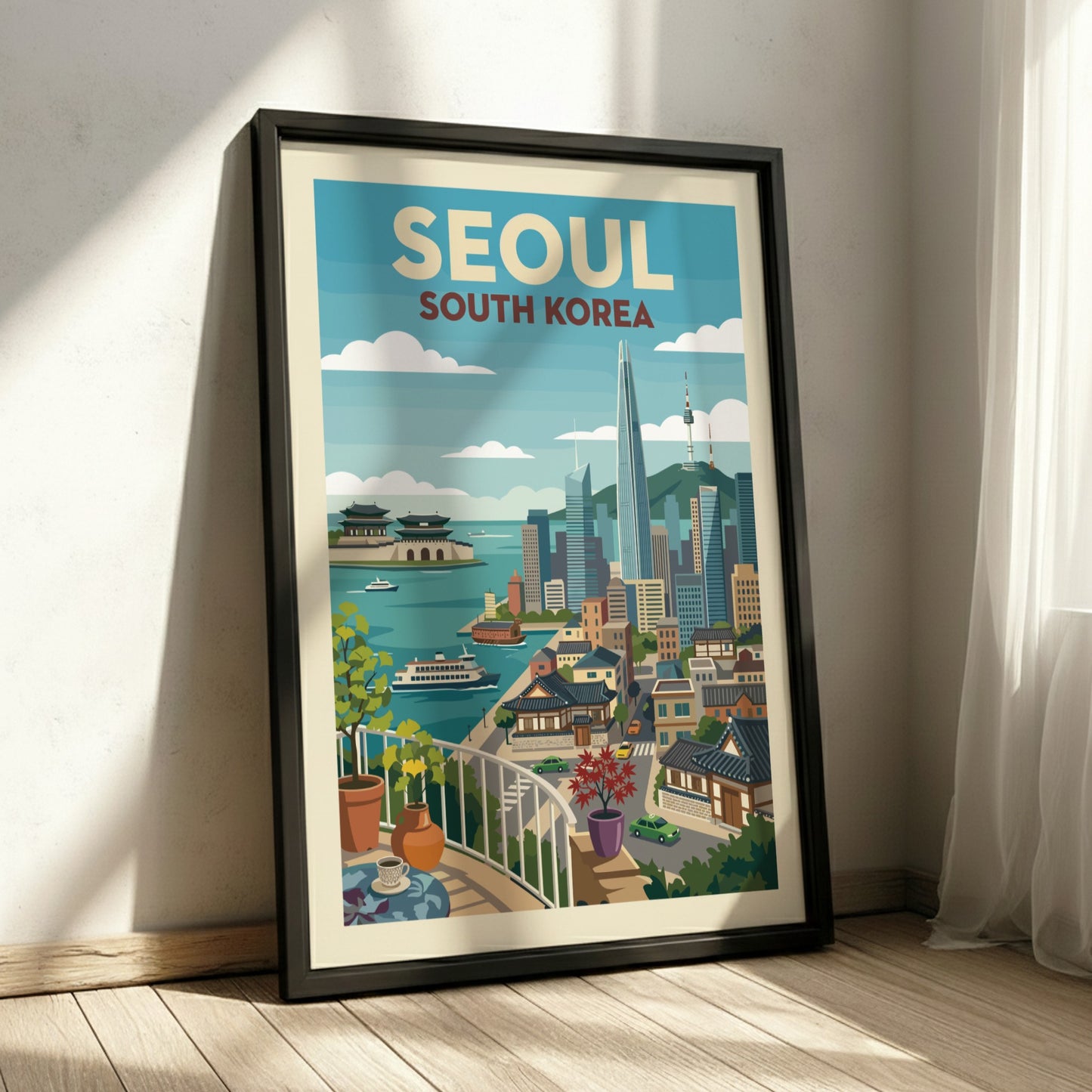 Retro travel poster of Seoul, South Korea, showcasing city skyline and traditional buildings.