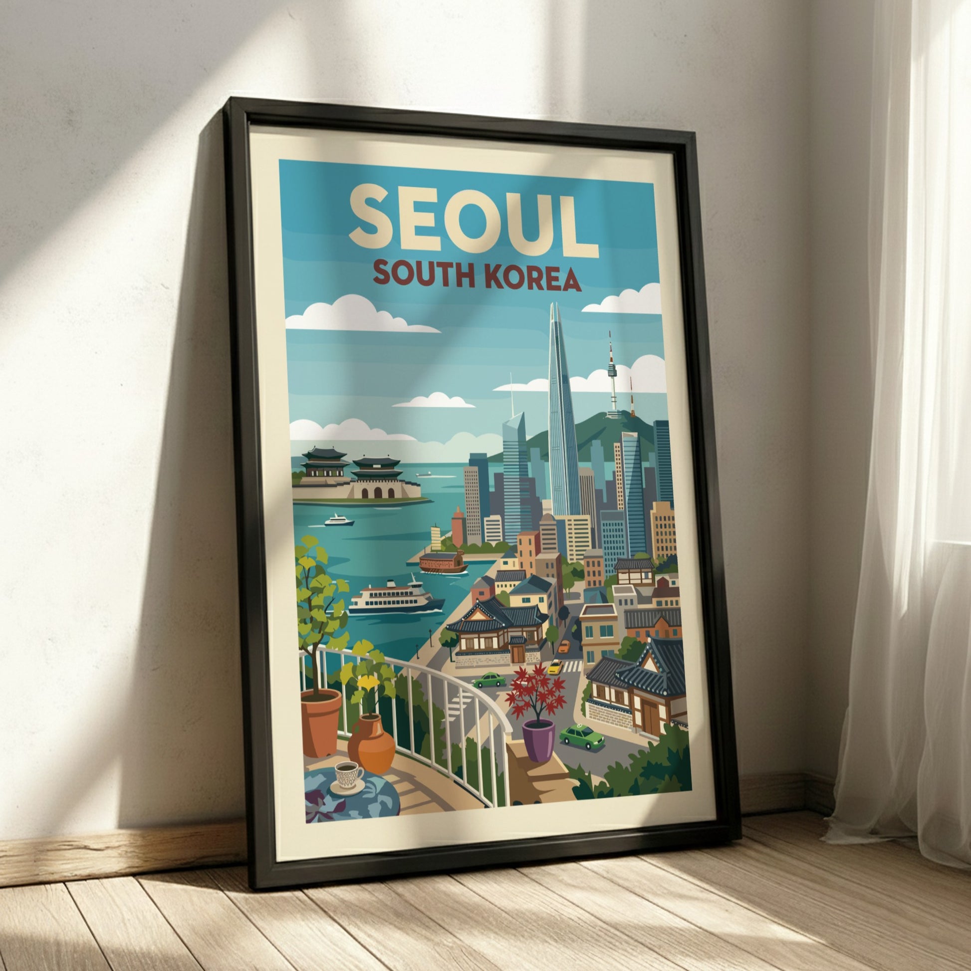 Retro travel poster of Seoul, South Korea, showcasing city skyline and traditional buildings.
