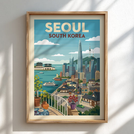 Retro travel poster of Seoul, South Korea, showcasing city skyline and traditional buildings.