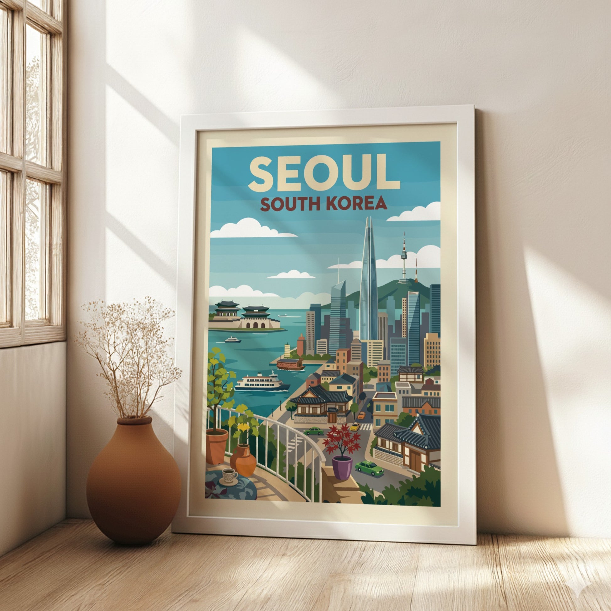 Retro travel poster of Seoul, South Korea, showcasing city skyline and traditional buildings.