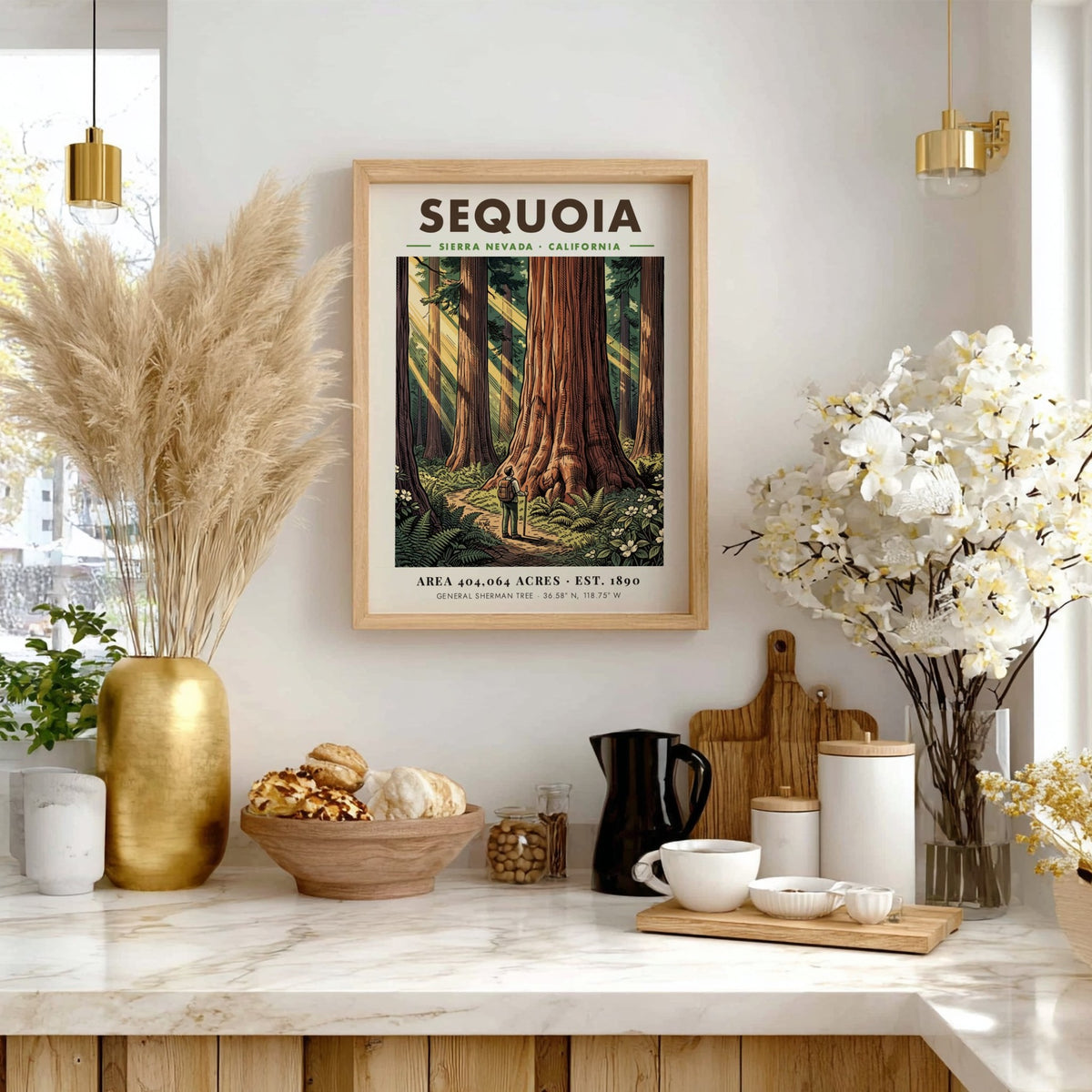 Poster of a hiker standing before a giant sequoia tree in California wilderness.