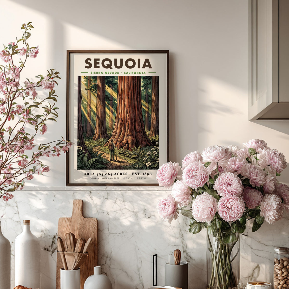Poster of a hiker standing before a giant sequoia tree in California wilderness.
