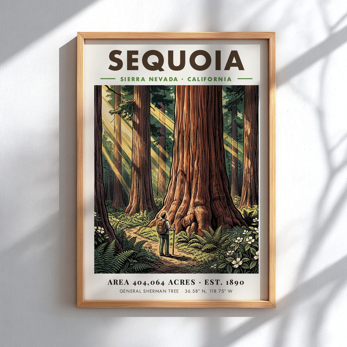 Poster of a hiker standing before a giant sequoia tree in California wilderness.