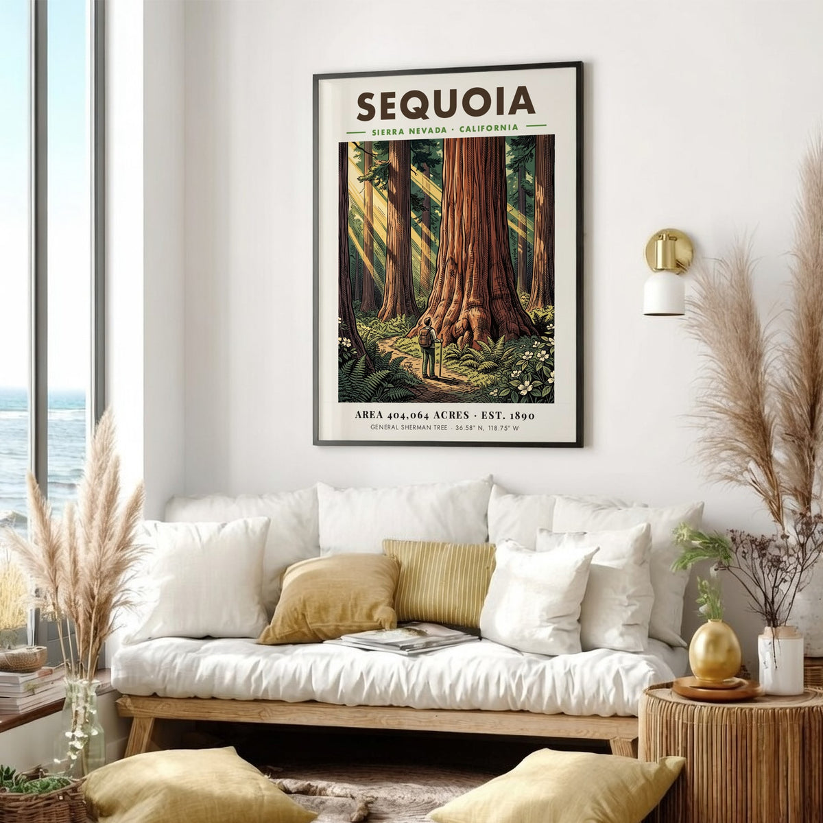 Poster of a hiker standing before a giant sequoia tree in California wilderness.