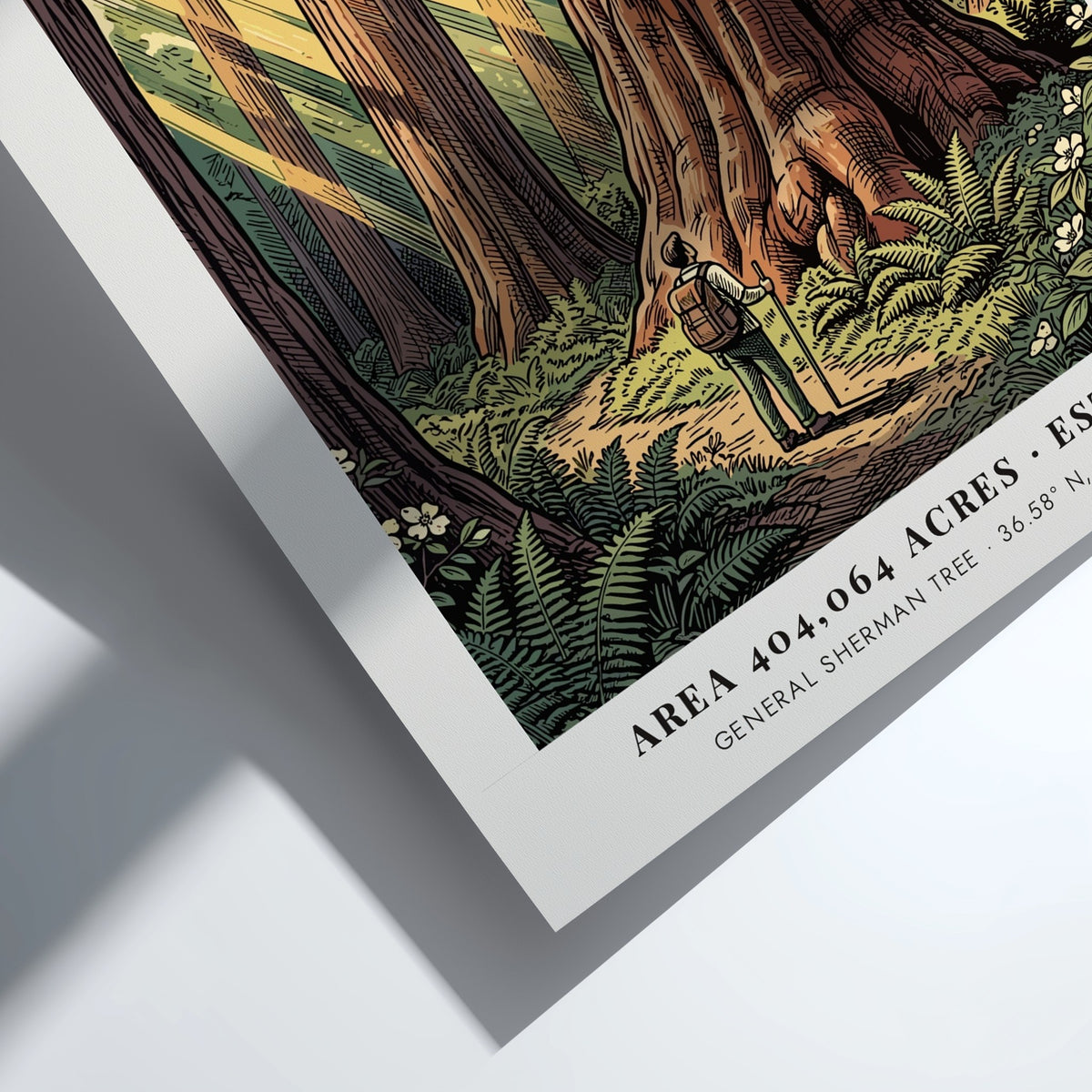 Poster of a hiker standing before a giant sequoia tree in California wilderness.
