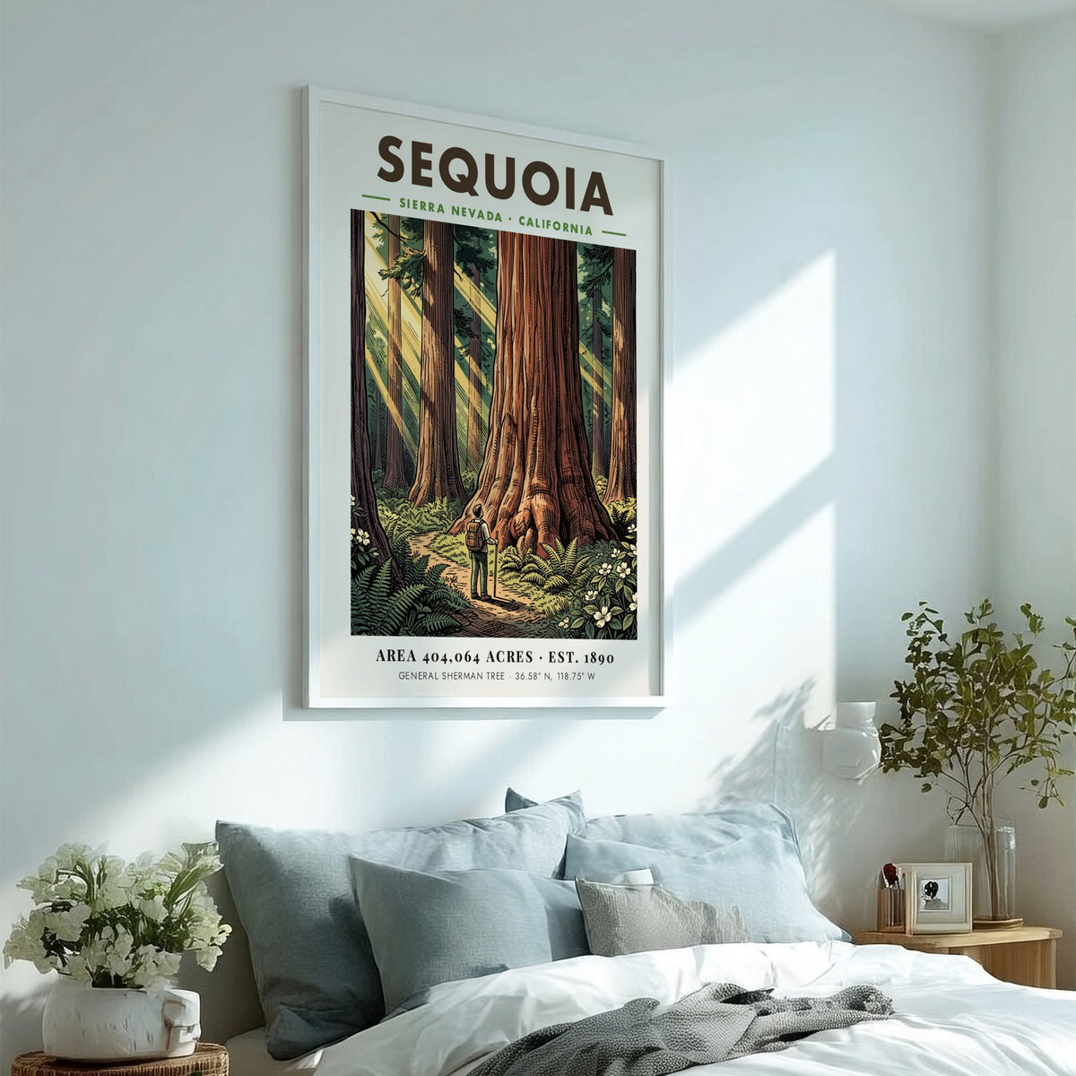 Poster of a hiker standing before a giant sequoia tree in California wilderness.