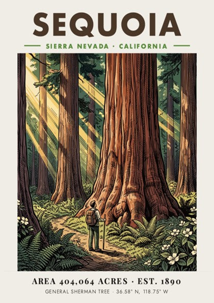 Poster of a hiker standing before a giant sequoia tree in California wilderness.