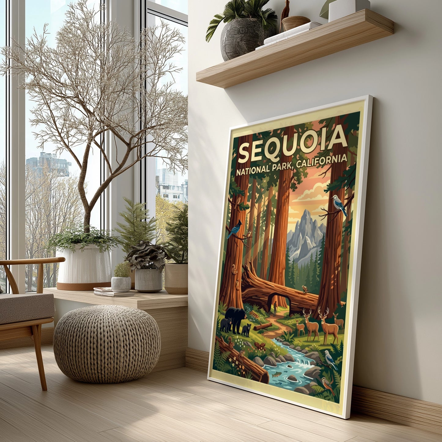 Travel poster of Sequoia National Park featuring towering trees, mountain peaks, and local wildlife.