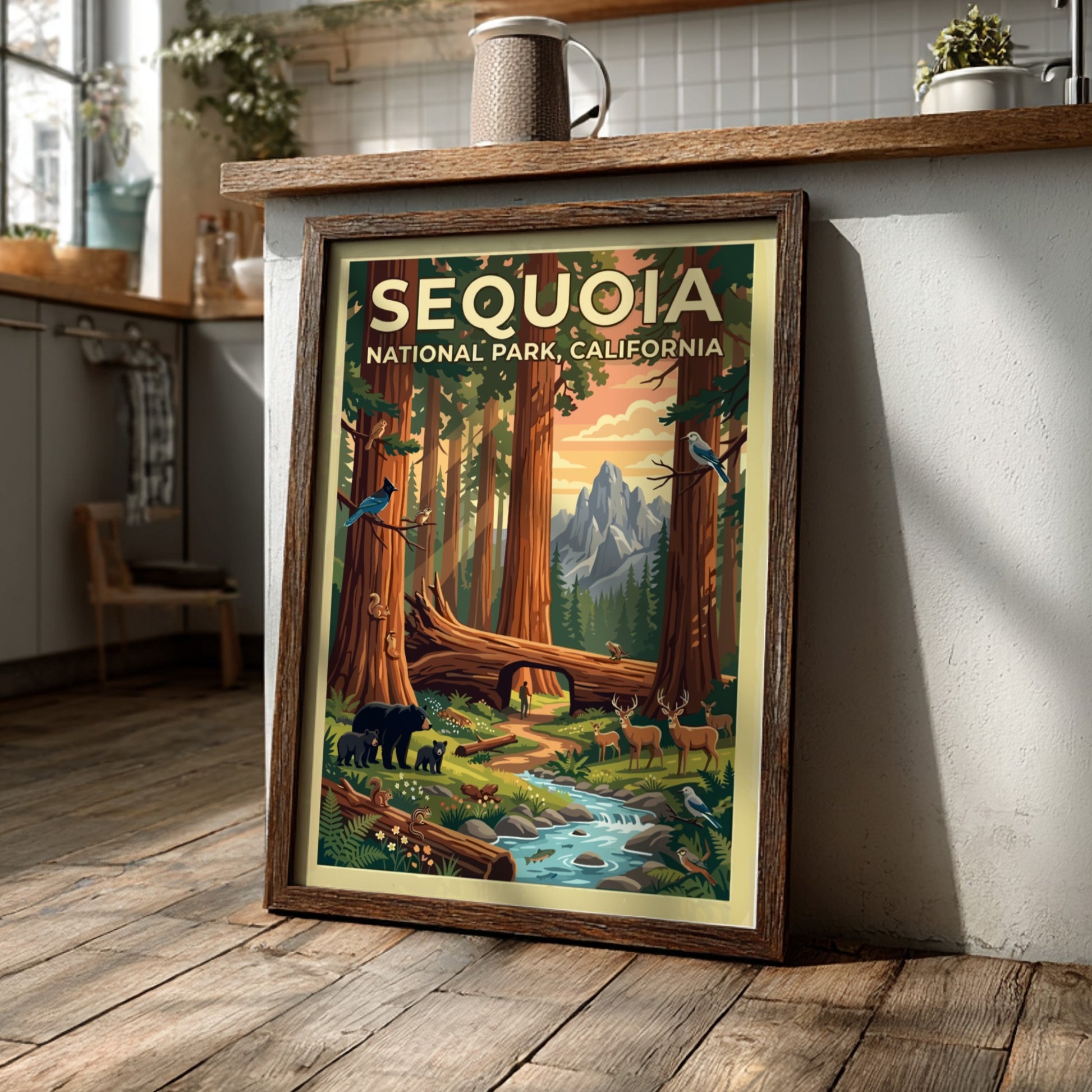 Travel poster of Sequoia National Park featuring towering trees, mountain peaks, and local wildlife.