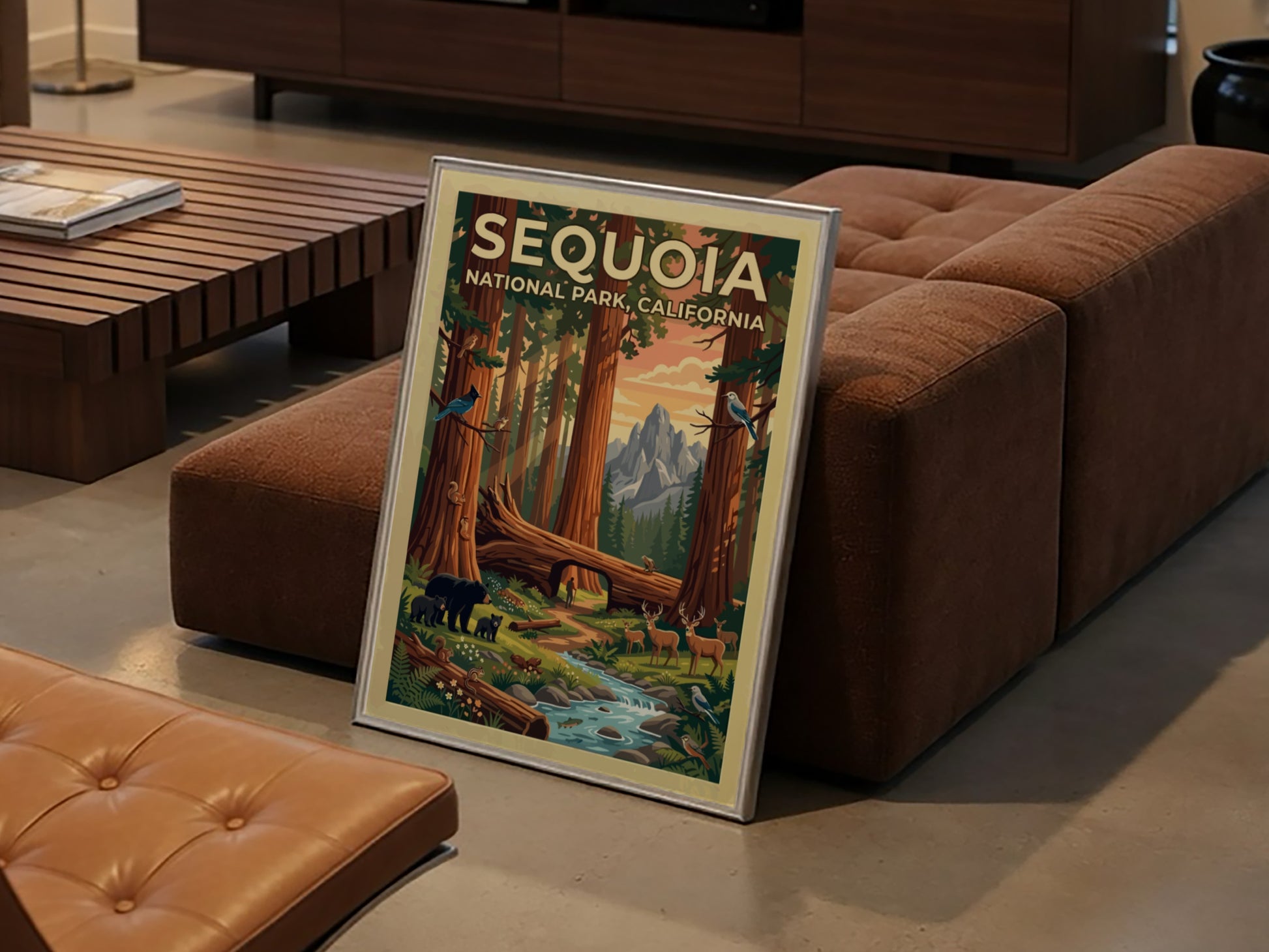 Travel poster of Sequoia National Park featuring towering trees, mountain peaks, and local wildlife.