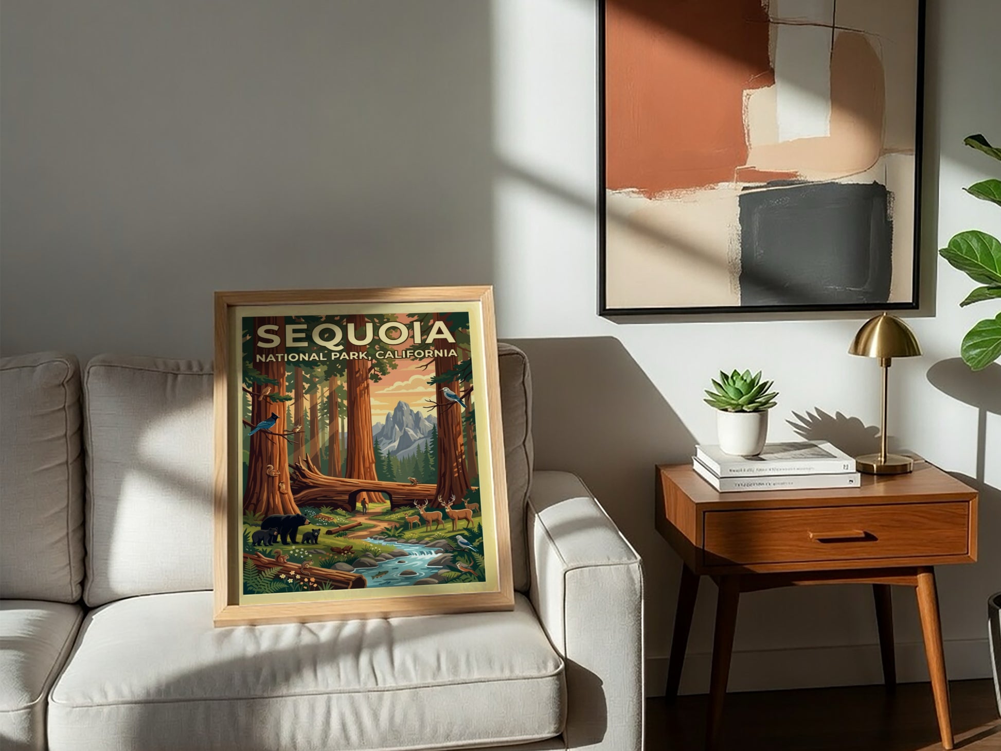 Travel poster of Sequoia National Park featuring towering trees, mountain peaks, and local wildlife.