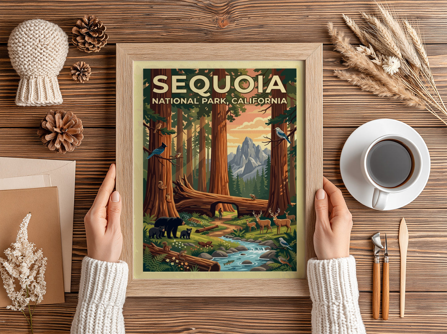 Travel poster of Sequoia National Park featuring towering trees, mountain peaks, and local wildlife.