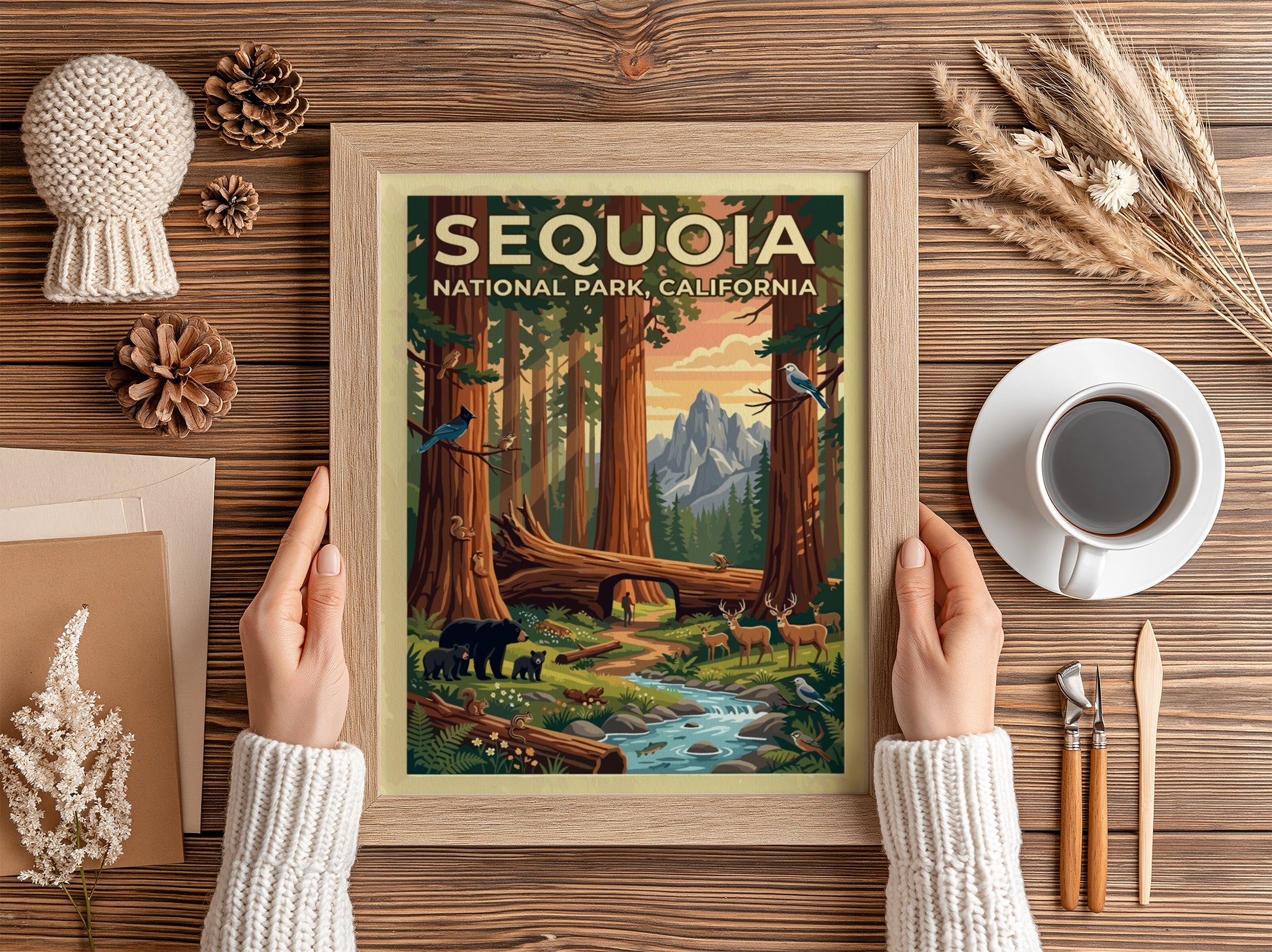 Travel poster of Sequoia National Park featuring towering trees, mountain peaks, and local wildlife.