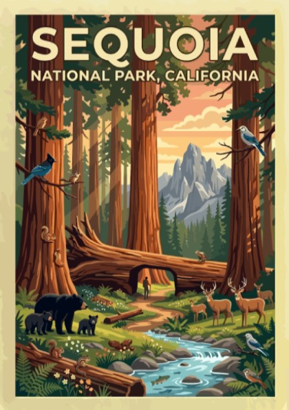 Travel poster of Sequoia National Park featuring towering trees, mountain peaks, and local wildlife.