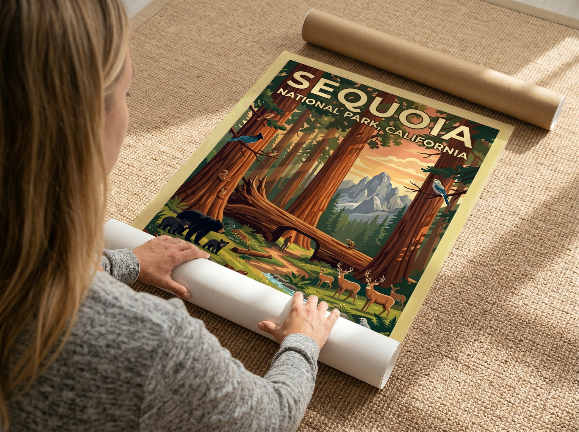 Travel poster of Sequoia National Park featuring towering trees, mountain peaks, and local wildlife.