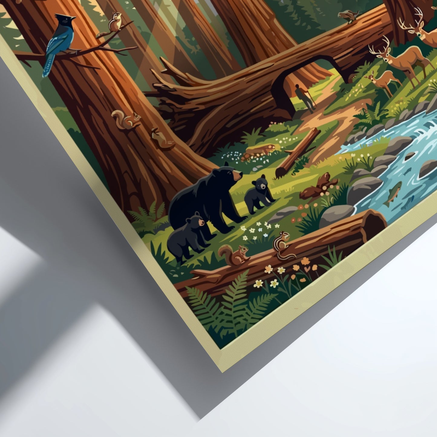 Travel poster of Sequoia National Park featuring towering trees, mountain peaks, and local wildlife.