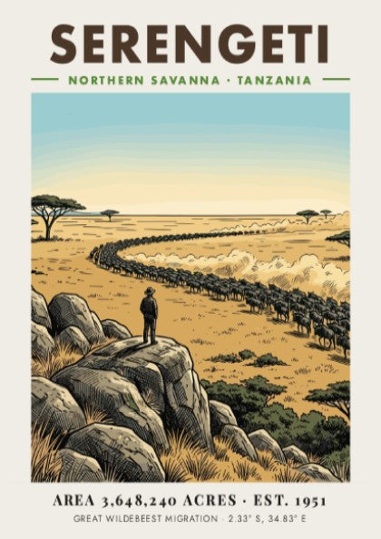 Serengeti national park poster featuring a vast savanna, wildebeest migration, and rocky outcrop.