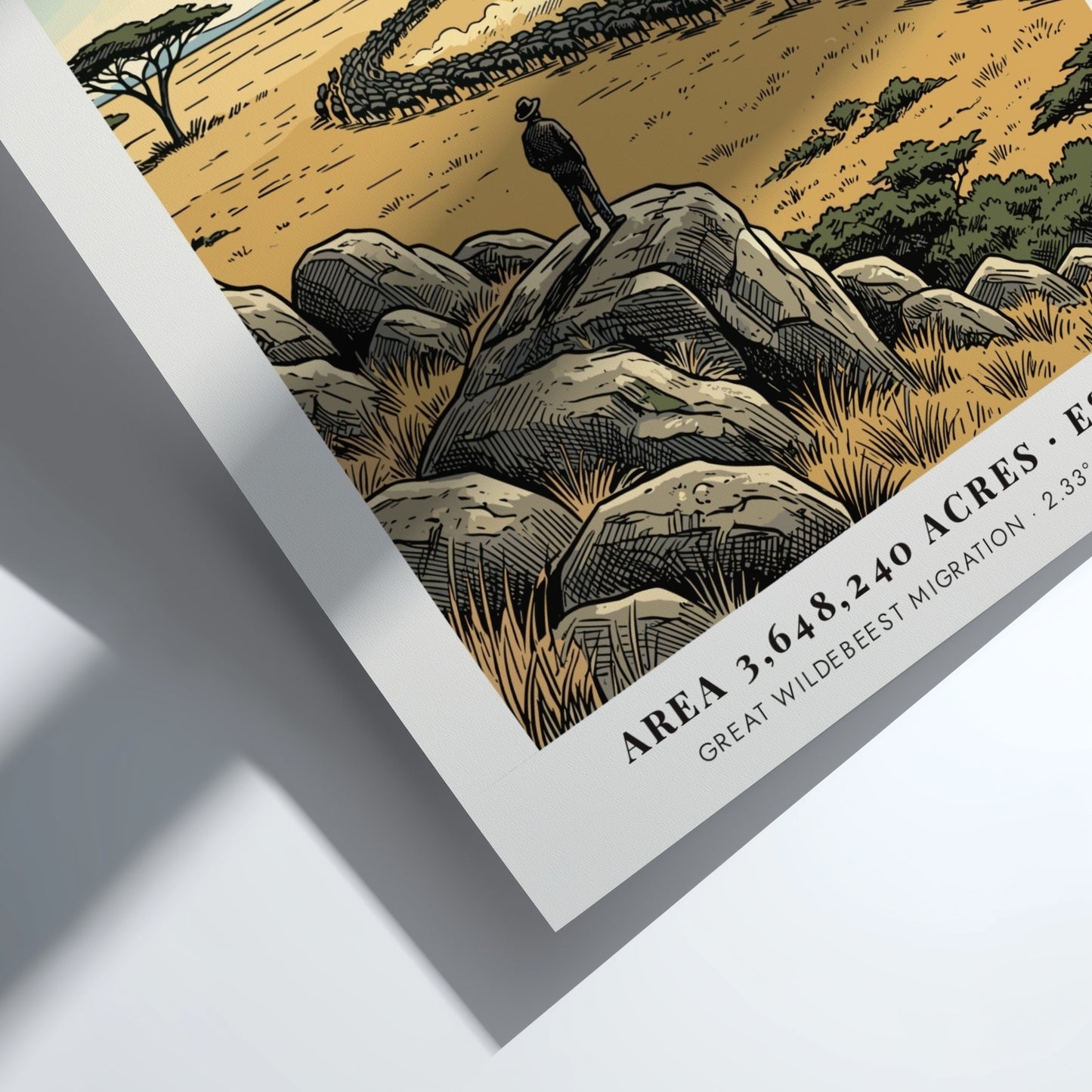 Serengeti national park poster featuring a vast savanna, wildebeest migration, and rocky outcrop.