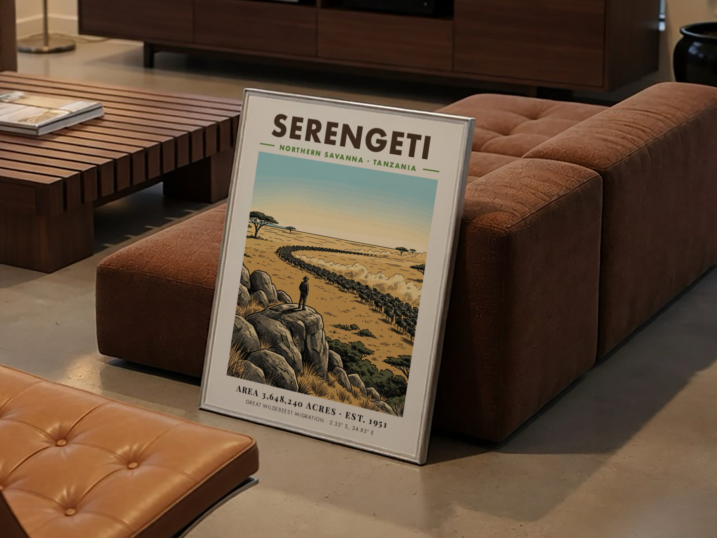Serengeti national park poster featuring a vast savanna, wildebeest migration, and rocky outcrop.
