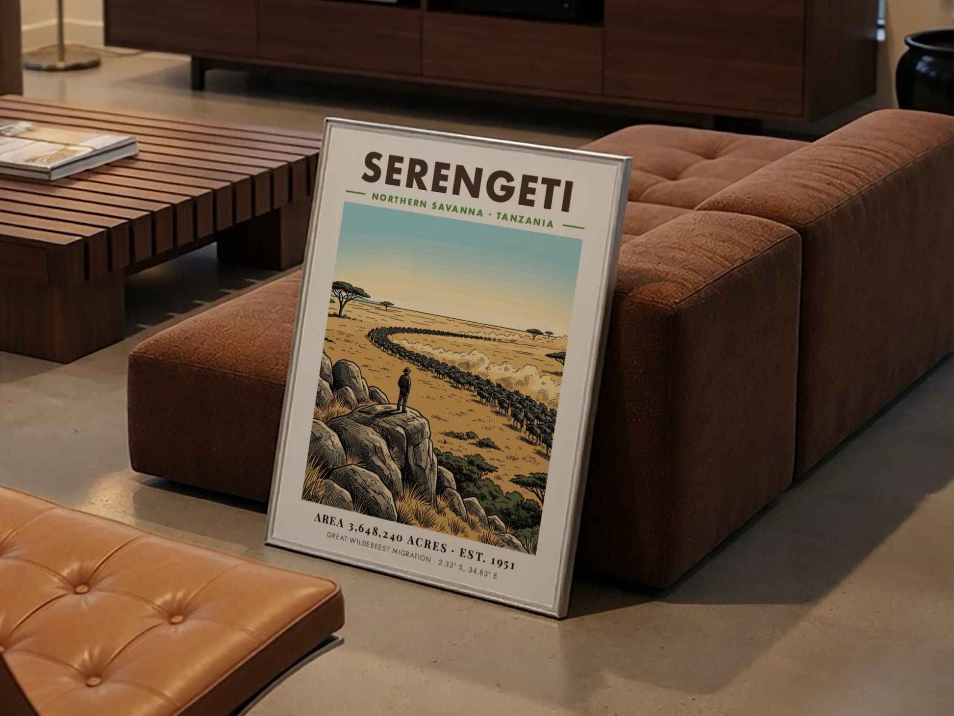 Serengeti national park poster featuring a vast savanna, wildebeest migration, and rocky outcrop.