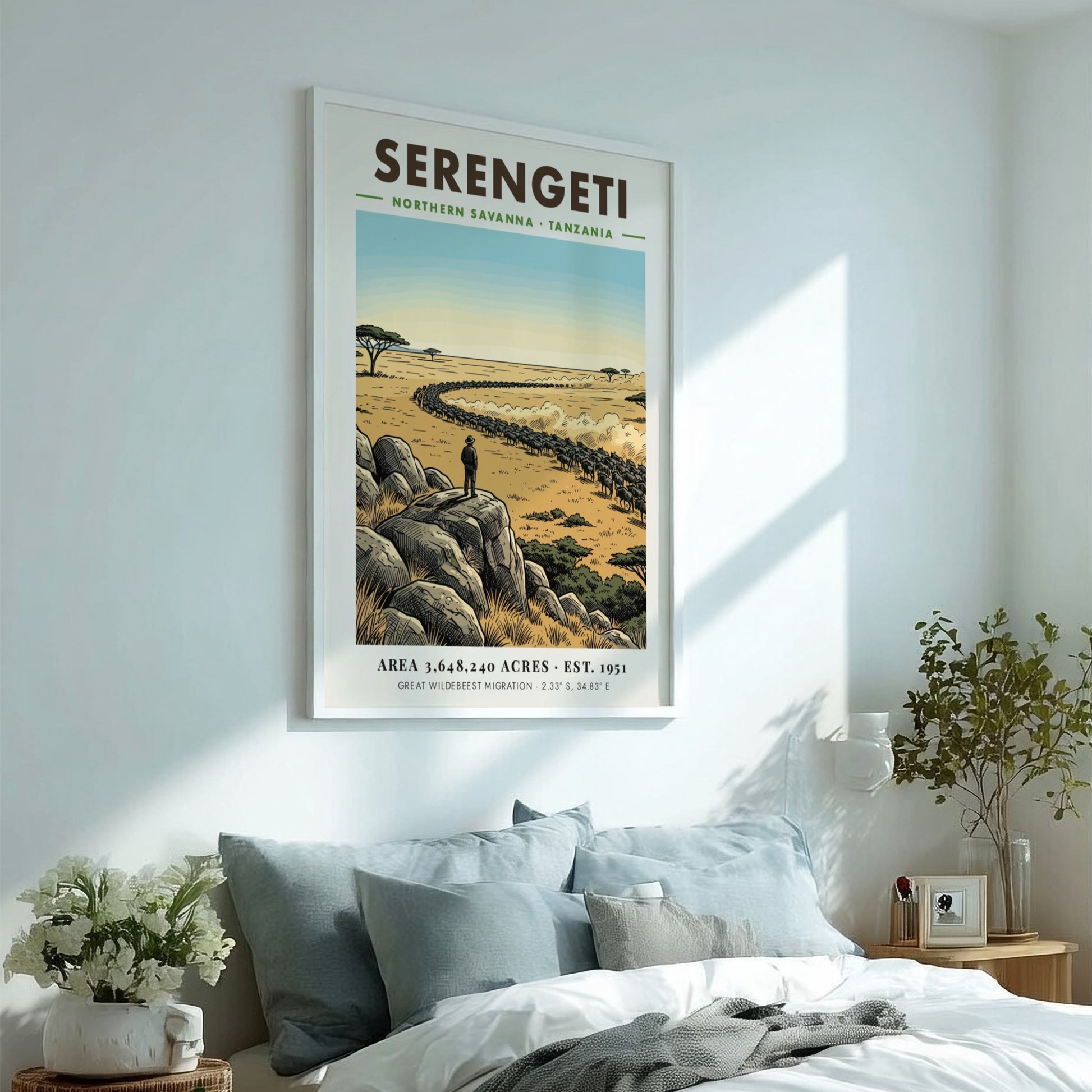 Serengeti national park poster featuring a vast savanna, wildebeest migration, and rocky outcrop.