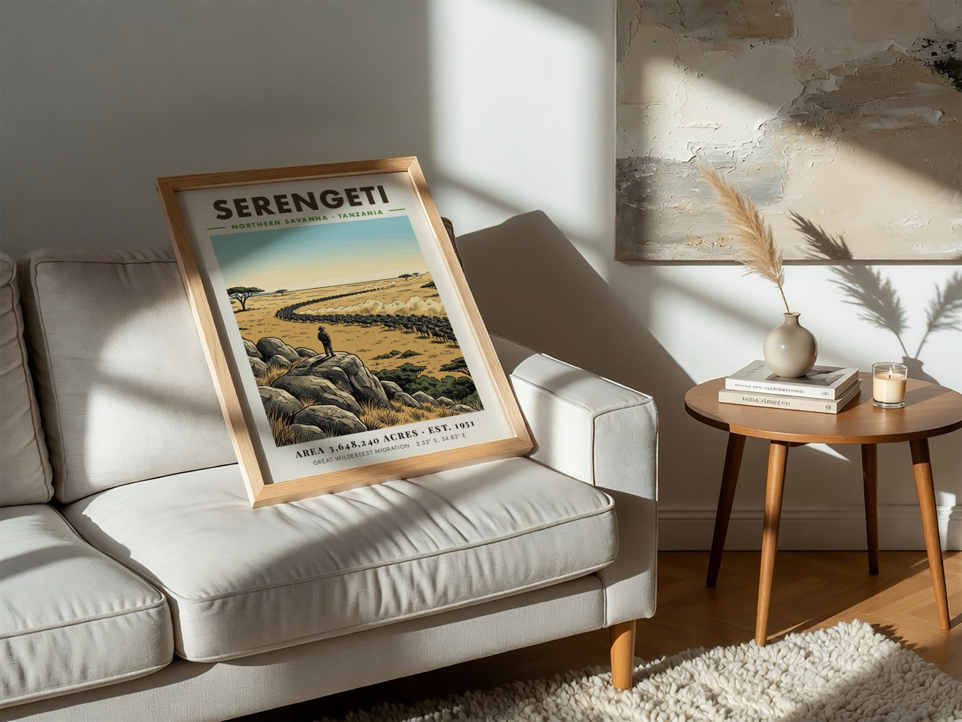 Serengeti national park poster featuring a vast savanna, wildebeest migration, and rocky outcrop.