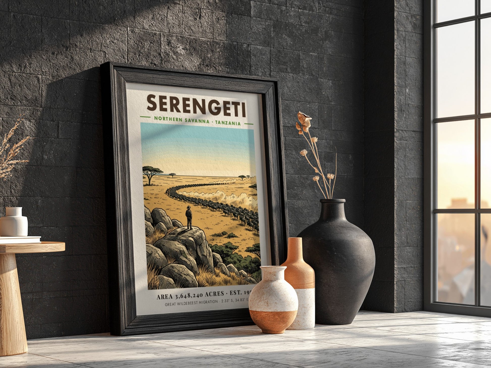 Serengeti national park poster featuring a vast savanna, wildebeest migration, and rocky outcrop.