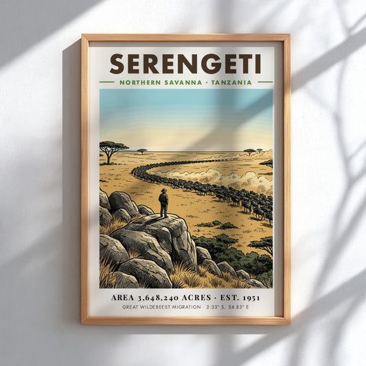 Serengeti national park poster featuring a vast savanna, wildebeest migration, and rocky outcrop.