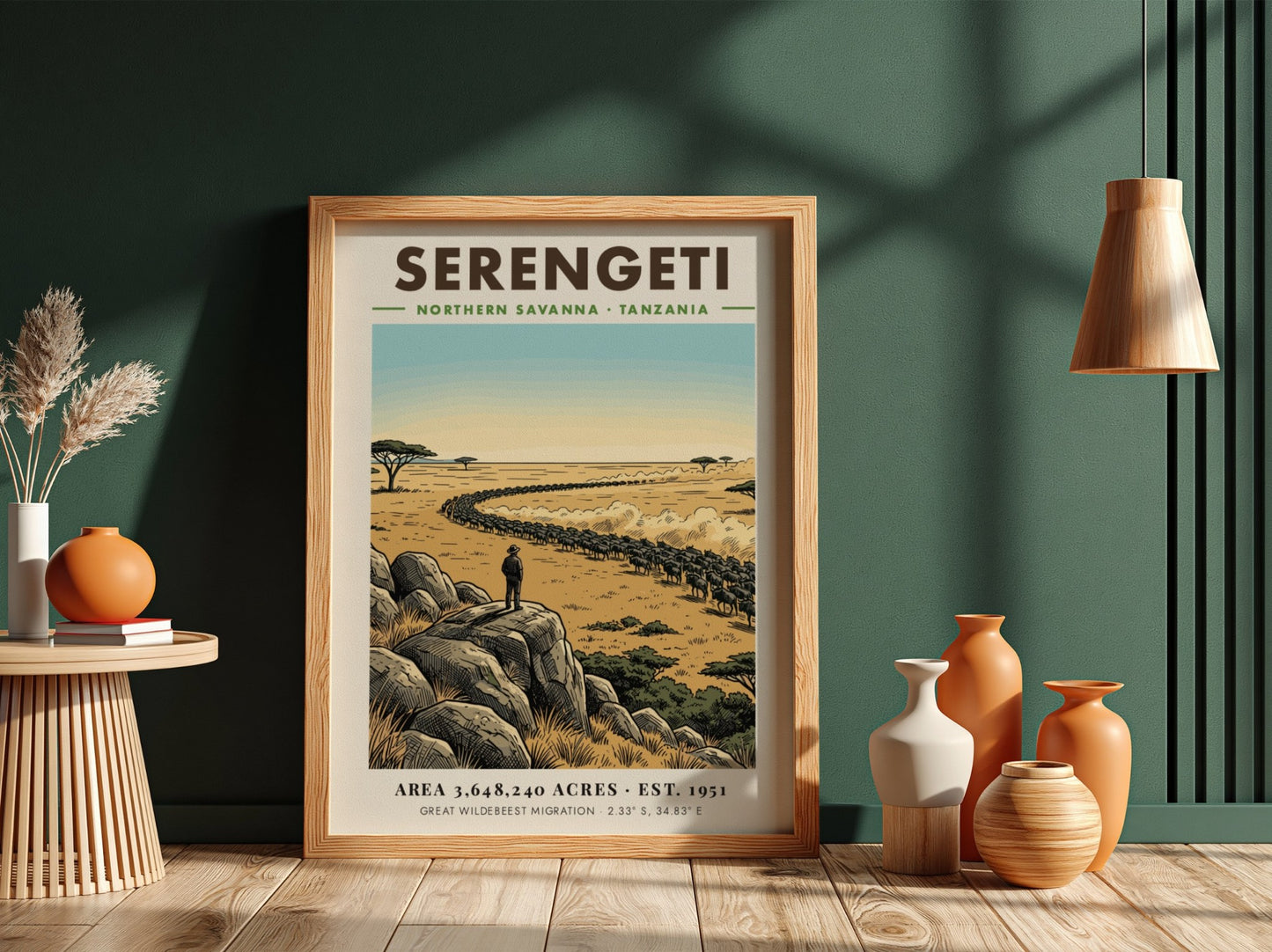 Serengeti national park poster featuring a vast savanna, wildebeest migration, and rocky outcrop.