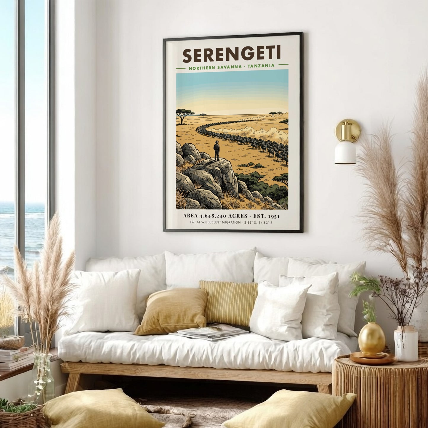 Serengeti national park poster featuring a vast savanna, wildebeest migration, and rocky outcrop.