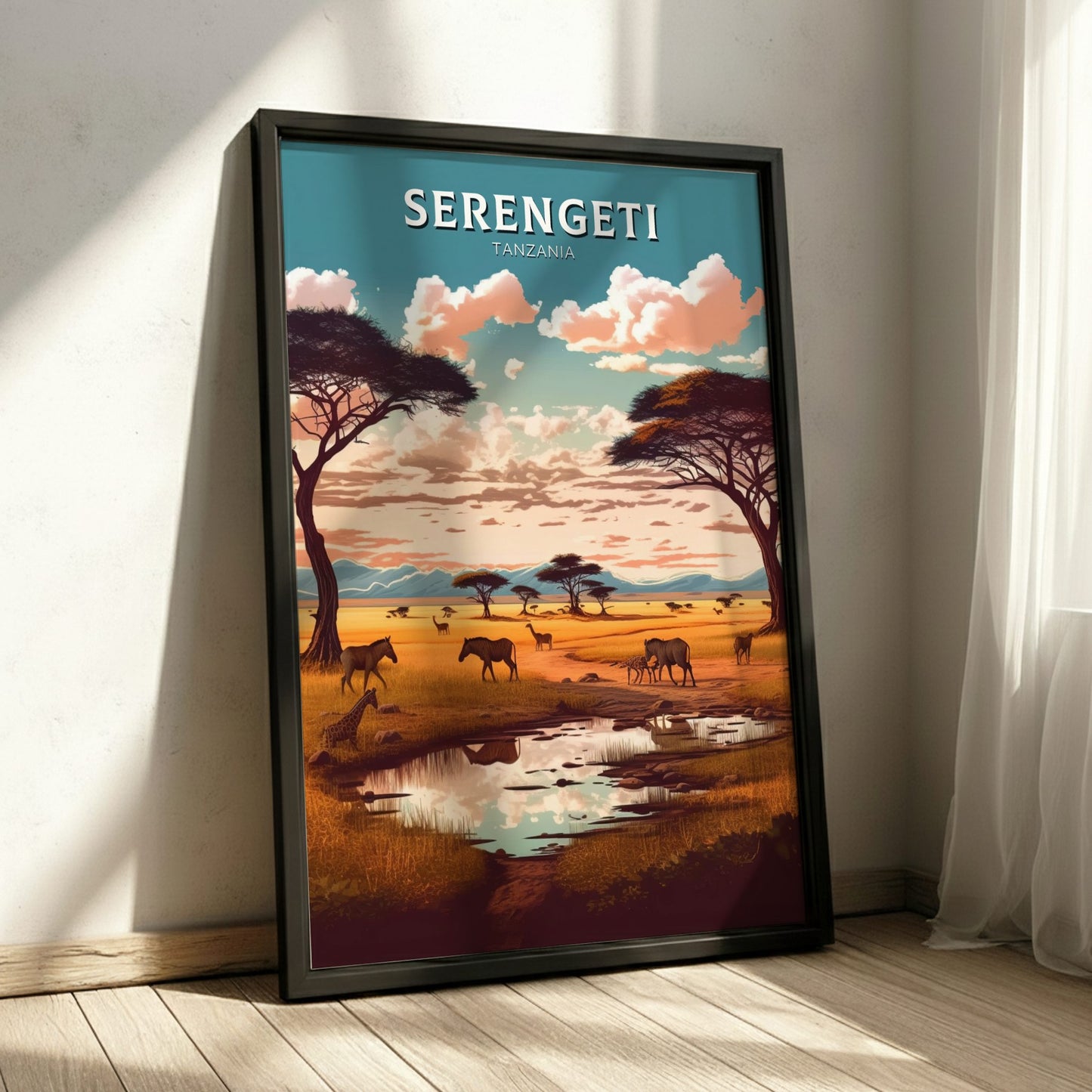 Framed artwork of the Serengeti landscape with animals and trees.