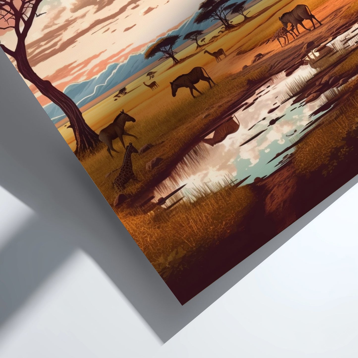 Safari-themed artwork with animals and landscape on a white background