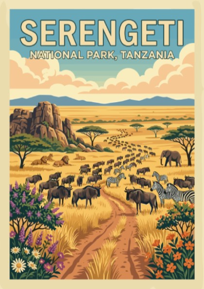 Serengeti National Park poster featuring wildlife, warm colors, and a serene landscape