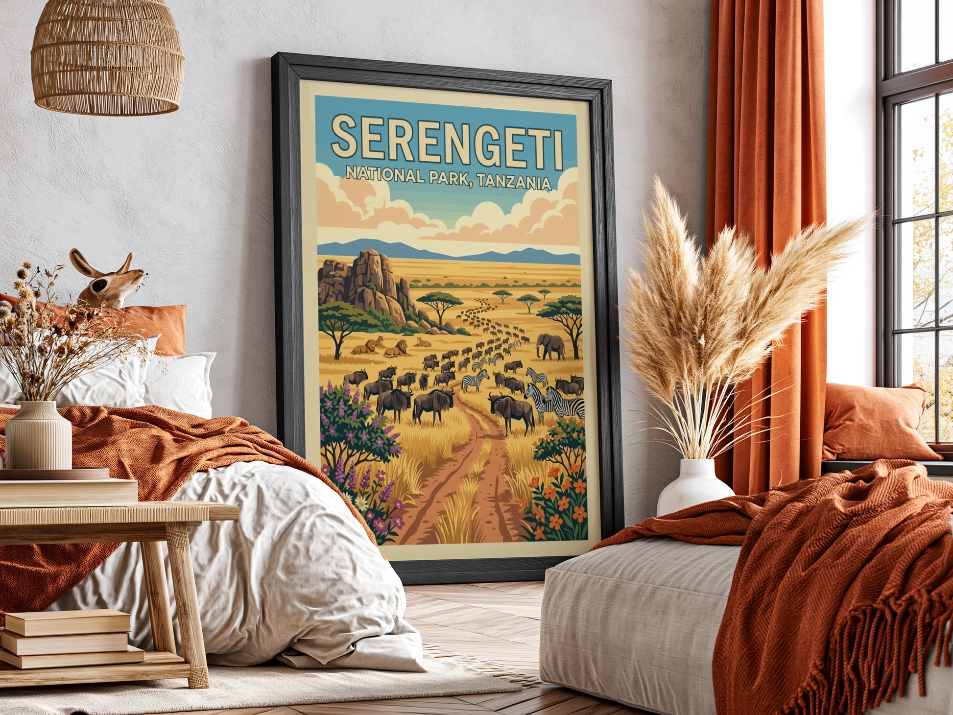 Serengeti National Park poster featuring wildlife, warm colors, and a serene landscape