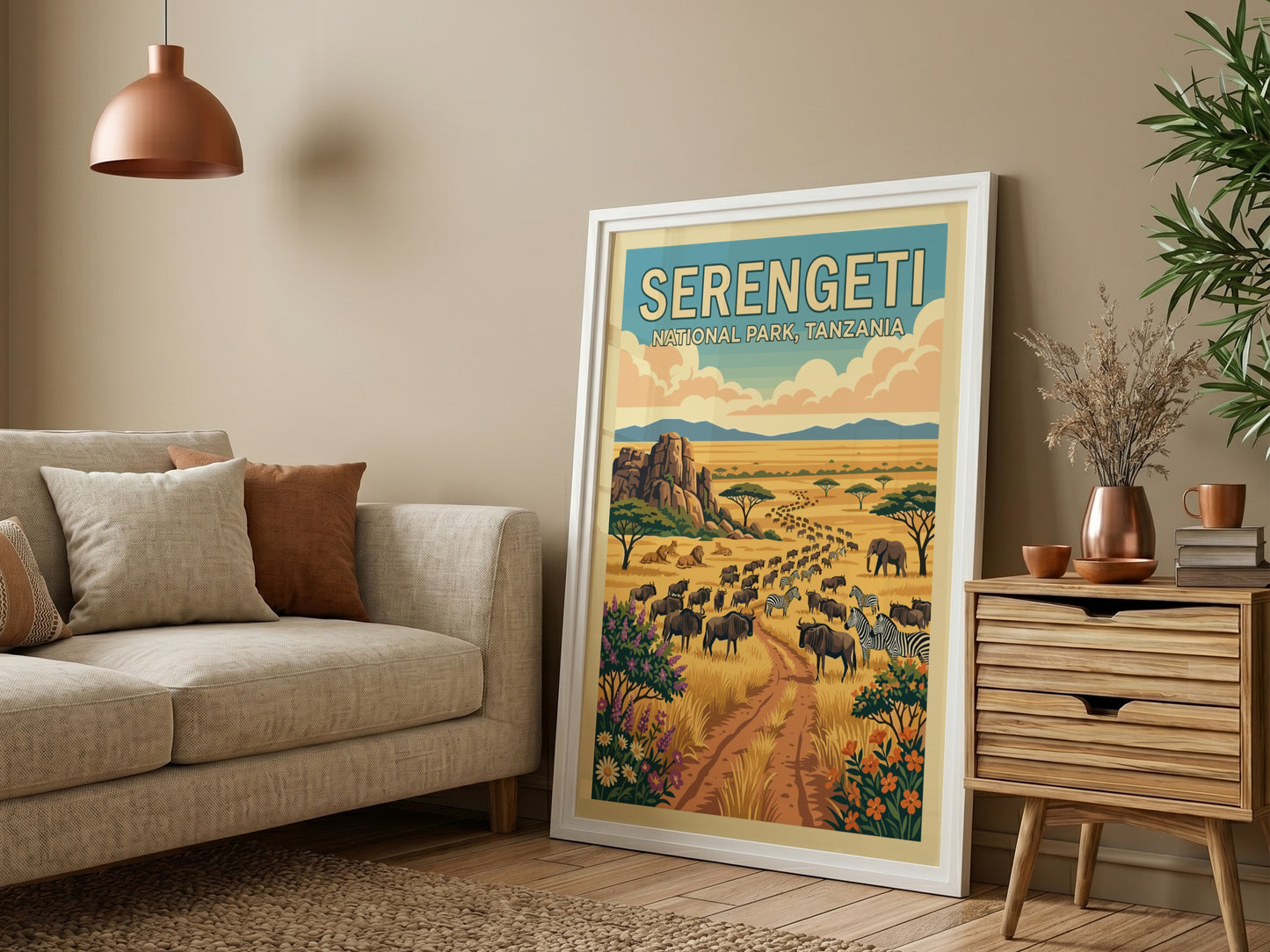 Serengeti National Park poster featuring wildlife, warm colors, and a serene landscape